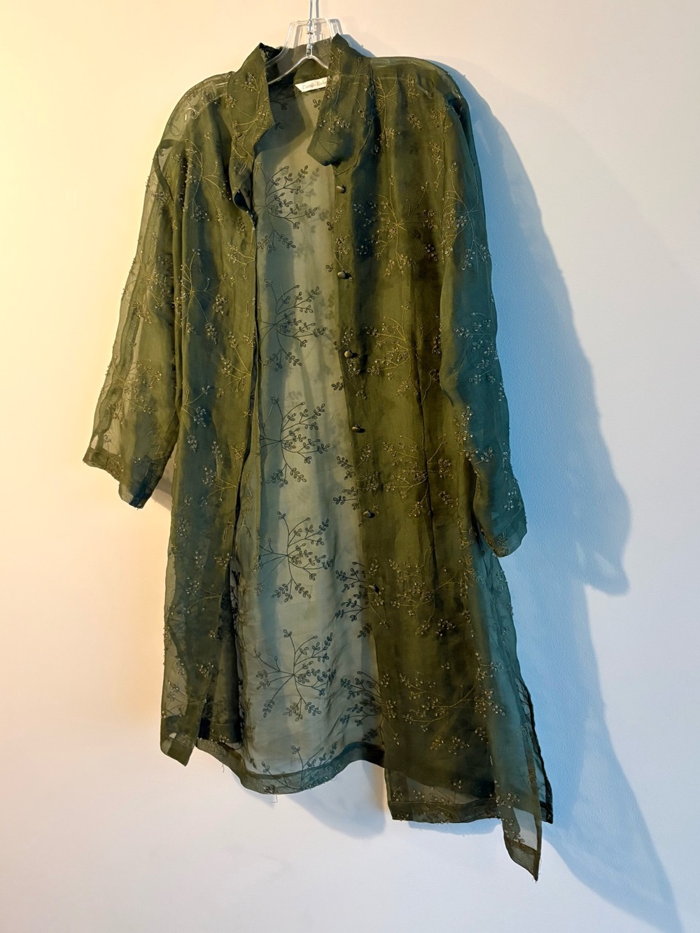 Olive Green Sheer Embroidered Long Jacket